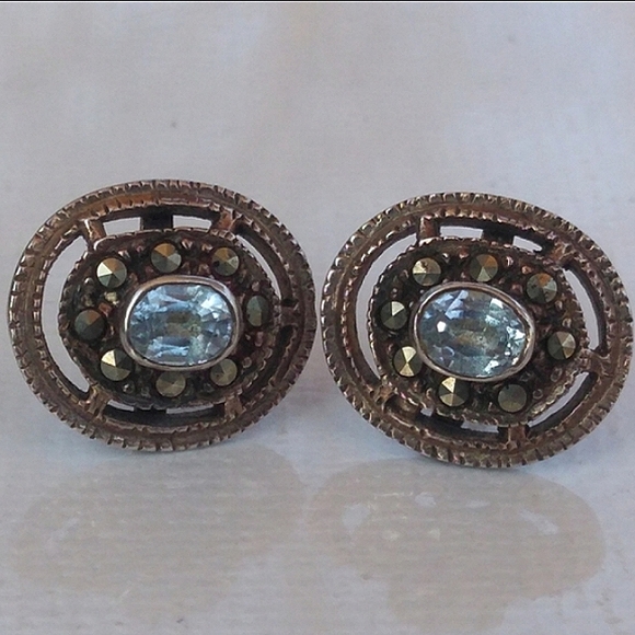 Sterling Silver Aquamarine Marcasite Studs VINTAGE - Picture 2 of 8